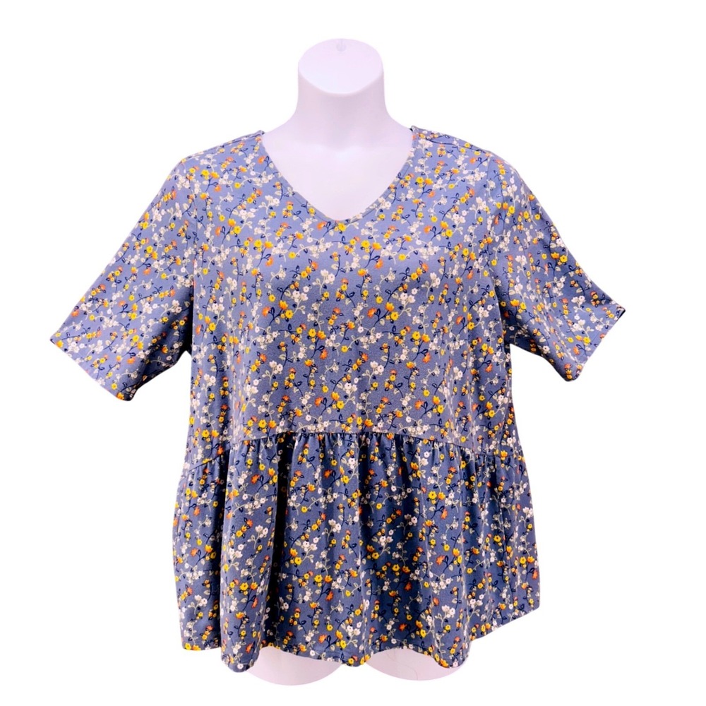 Denim And Co Floral Peplum‎ Top Blue 1X